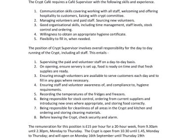 Job Vacancy - Crypt Cafe Supervisor 